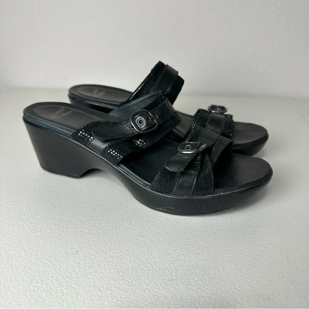 Dansko Black Leather Jessie Lizard Wedge Slide On Shoes Size 40